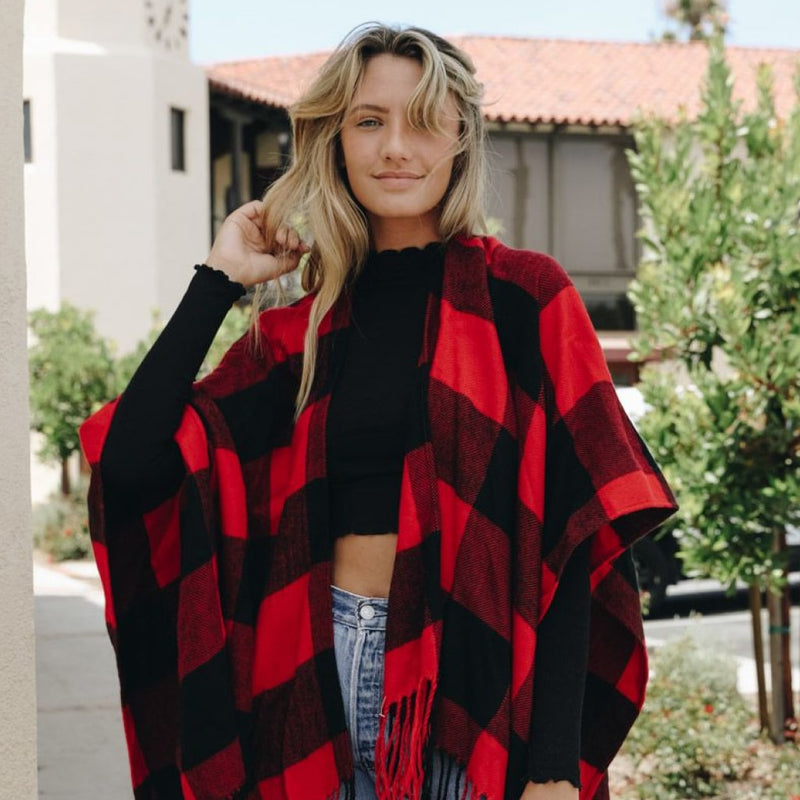 Buffalo Check Tassel Poncho