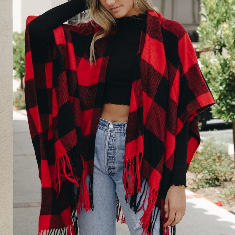 Buffalo Check Tassel Poncho